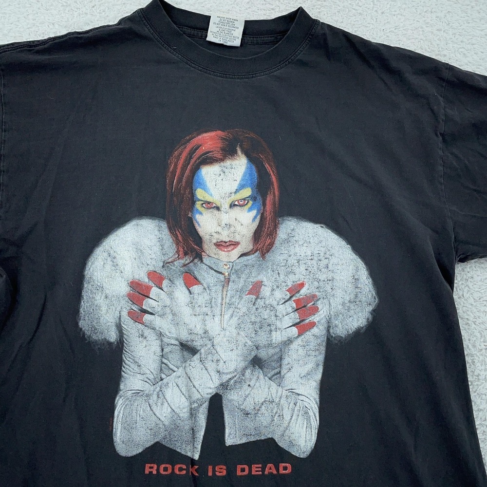 Vintage 90s Marilyn Manson Rock Is Dead T Shirt Mens FITS L Black Short Sleeve